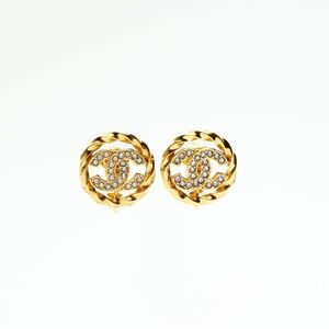CHANEL Coco Mark Rhinestone Earrings, Gold, WS23611
